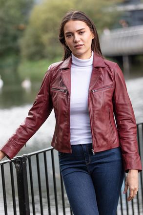 Ashwood Leather Womens Eva Biker Style Jacket Women Coat - Burgundy - Size 22 UK