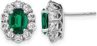 Diamond2Deal 14k White Gold 1 1/5 Ct Lab Grown Diamond and Oval Created Emerald Halo Stud Earrings