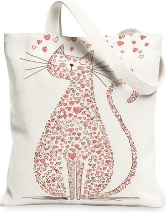 Generic ValentineS Day Cat Canvas Tote Bags, Adorable Heart Pattern Reusable Grocery Bags, Lightweight Shoulder Strap Can, White, 13x15 Inch