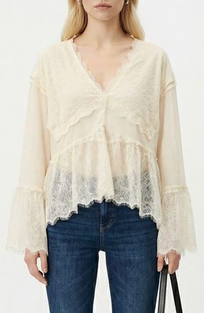 Vero Moda Emilie V-Neck Lace Swing Top in Birch at Nordstrom, Size X-Small