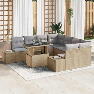vidaXL Vidaxl - Conjunto De Sof&aacute; De Jard&iacute;n Con Coj&iacute;n 9 Pcs Beige, Gris Claro