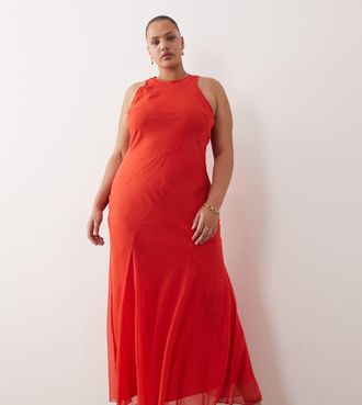Asos Curve ASOS DESIGN Curve - Vestito lungo taglio sbieco rosso con scollo a vogatore e fondo godet