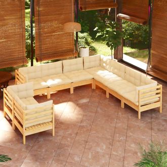 vidaXL Muebles De Jard&iacute;n 9 Pzas Y Cojines Madera Maciza De Pino Crema Vidaxl