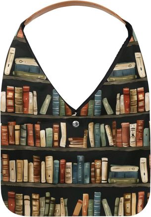 Generic Retro Bookshelf Pattern Reusable Lightweight Grocery Bags - Foldable Into Compact Pouch, Washable & Sturdy, Multipurpose for Shopping and Travel