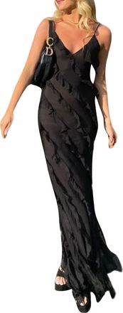 Generic Women Aesthetics Long Dress Spaghetti Strap High Split Long Dress Mesh Tassels Long Dress Evening Cocktail Party Dresses (F-Black, M)