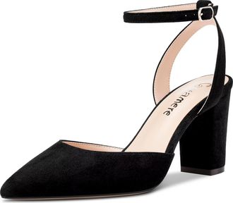 Castamere Women Chunky Block High Heel Pointed Toe Ankle Strap Two-Piece Pumps Court Shoe Wedding Dress 8 CM Heels Black 7 UK