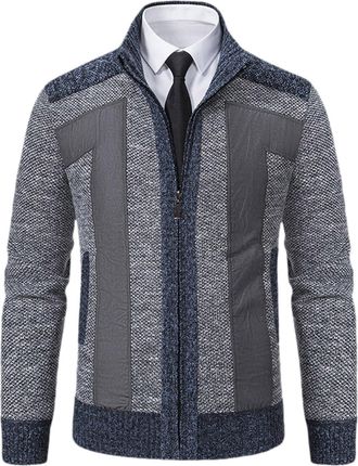 Generic Mens Full Zip Cardigan Sweater Thick Knitted Zipper Pattern Cardigan Sweater Full Zip Stand Collar Warm Jumper Knitwear Classic Knitted Autumn Winter 