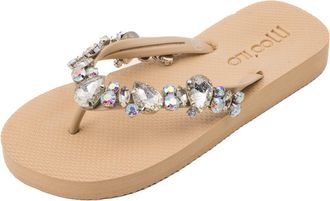 Mooilo Womens mooilo Summer Toe Separator Sandals Flip Flop with Red Stones (Hand Embroidered) - Ultra Soft Sole - Design, Made in Germany, beige, 7 UK