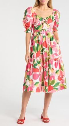 Vince Camuto Print Puff Sleeve Midi Dress in Pink Multi at Nordstrom Rack, Size 14