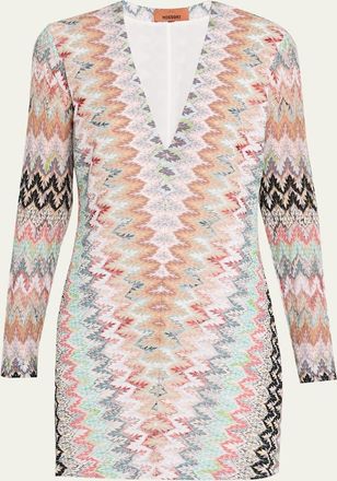 Missoni Plunging Metallic Zigzag Long-Sleeve Mini Dress