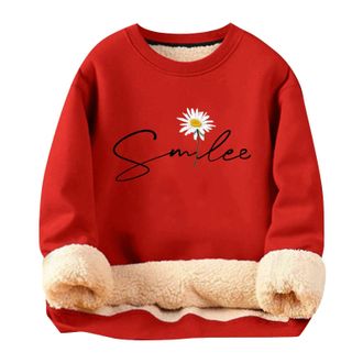 Generic Womens Crewneck Oversized Sweatshirts Long Sleeve Lamb Wool Coat Winter Thick Warm Solid Color Hooded Plus Size Coat Animal Print Tops for Women (Red,