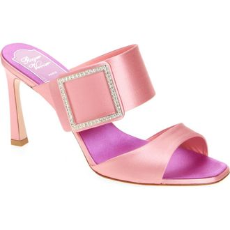 Roger Vivier Trompette Crystal Buckle Satin Sandal in Rosa Antico Chiaro at Nordstrom, Size 8.5Us