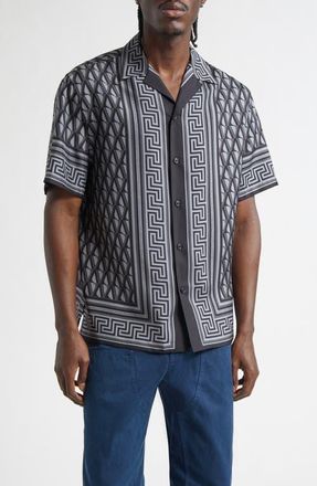 Versace Informal Silk Twill Camp Shirt in Dark Anthracite Tonal at Nordstrom, Size 42 Us