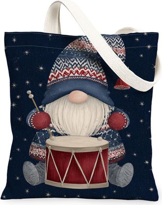 Generic Christmas Gnome Canvas Tote Bags, Festive Pattern Reusable Grocery Bags, Winter Retro Lightweight Washable Canvas for Trave, Navy, 13x15 Inch