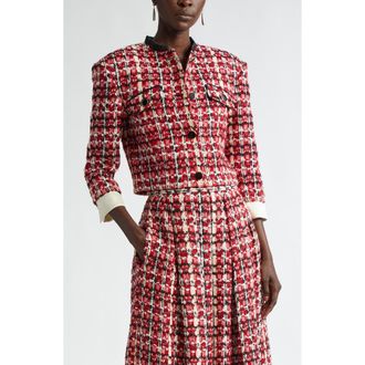 St. John Plaid Eyelash Tweed Crop Jacket in Haute Red/Black/Pearl Multi at Nordstrom, Size 12