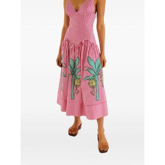 Farm Rio Palm Tree-embroidered Striped Midi Dress