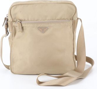Prada Beige Leather Nylon Handbag Shoulder Bag Tote Bag (Pre-Owned)