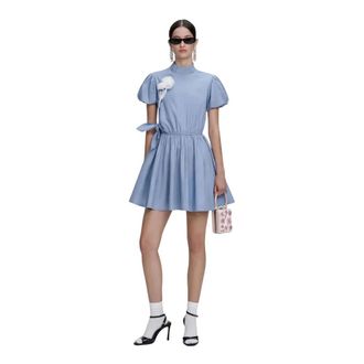 Self Portrait Cotton Tie Side Mini Dress - Dames - Korte kleedjes - Blauw - XS - Katoen - Kleedjes