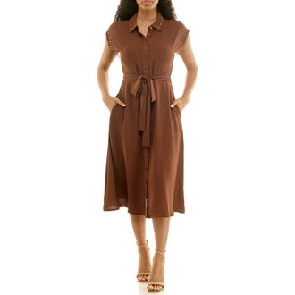 Nina Leonard Studded Cap Sleeve Midi Shirtdress in Cappuccino at Nordstrom Rack, Size X-Large