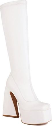 Generic Womens Fashion Square Toe Platform Knee High Boots Stretch with Side Zip Pull On Winter Gothic Punk Shoes (8.5,White)