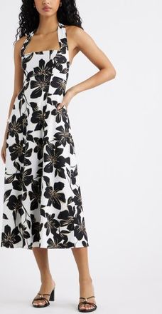 Open Edit Linen Blend Halter Midi Dress in White- Black Trop Bloom at Nordstrom, Size Xx-Small