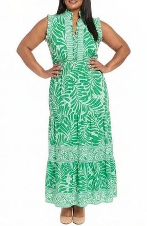 London Times Ruffle Sleeveless Tiered Maxi Dress in S Blue/Green at Nordstrom Rack, Size 14W