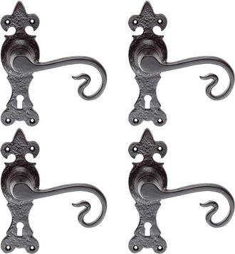 Loops 4x PAIR Forged Curled Lever Handle on Lock Backplate 167 x 51mm Black Antique