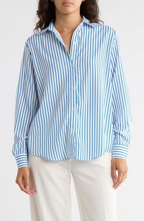 T Tahari Stripe Long Sleeve Button-Up Shirt in White/Blue at Nordstrom Rack, Size X-Large