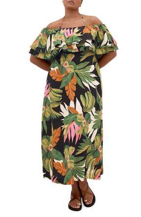 City Chic Paradiso Print Tie Neck Maxi Dress at Nordstrom, Size 3Xl