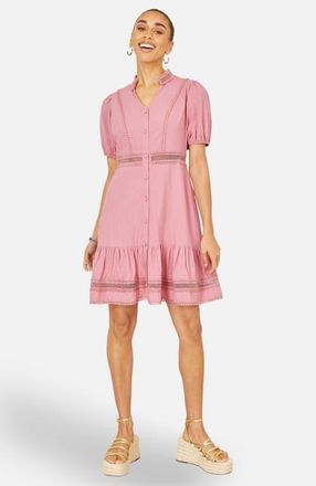 Yumi Cotton Lace Trim Skater Shirt Dress in Rose Pink at Nordstrom, Size 10