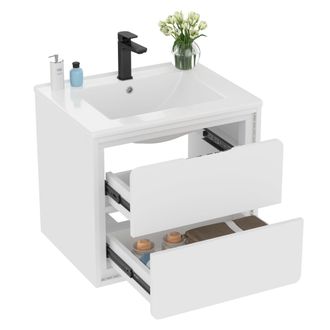 STILVORA Mueble De Ba&ntilde;o Suspendido Con 2 Cajones, Luz Con Sensor Radar, Lavabo Integrado De Cer&aacute;mica, Para Ba&ntilde;o, En Mdf, Blanco, 60x46x50 Cm