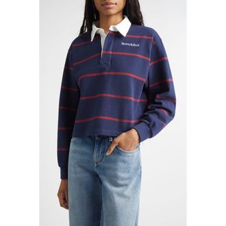 Sporty & Rich Serif Logo Embroidered Cotton Long Sleeve Rugby Polo in Dark Navy/white/merlot at Nordstrom, Size X-Small