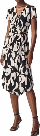 Joseph Ribkoff Geometric Print Asymmetric Faux Wrap Dress In Black/moonstone