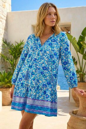 Roman Floral Print Border Smock Dress
