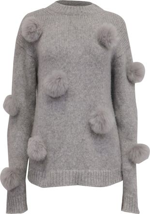 Tibi Fur Pom-Pom Embellished Knitted Sweater in Grey Alpaca Wool