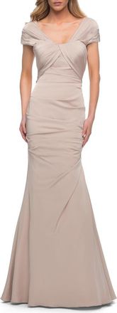 La Femme Lovely Ruched Mermaid Satin Gown with Unique Neckline in Nude at Nordstrom, Size 12