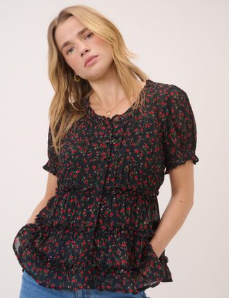 Nobody's Child Black Floral Scoop Neck Top