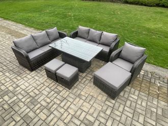 Fimous Outdoor Rattan Garden Furniture Sets Height Adjustable Rising lifting Dining Table Sofa Set with Reclining Chair Dark Grey Mixed