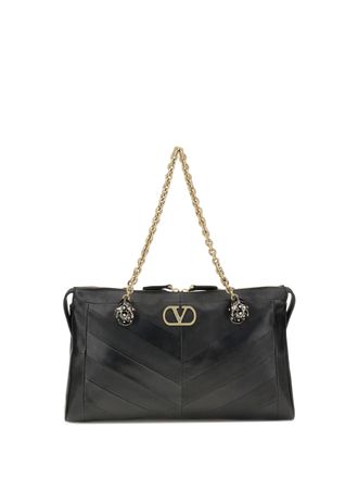 Valentino Garavani Womens Shoulder Bag Panthea Chevron Black Lamb Leather