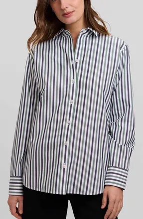 Foxcroft Meghan Stripe Cotton Button-Up Shirt in Olive Green/multi at Nordstrom, Size X-Small
