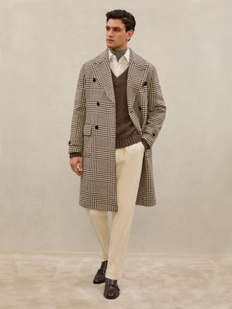 Reiss Brown & white Atelier Wool Check Overcoat, L