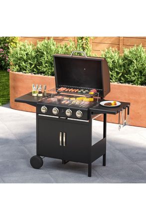 Living and Home 4-Burner Propane Gas Grill with Wheels - 51 Smart Outdoor BBQ w/ Warming Rack & Even Heating in Black