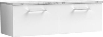 Nuie Nuie Arno Wall Hung 2-Drawer Vanity Unit with Carrera Marble Worktop 1200mm Wide - Gloss White