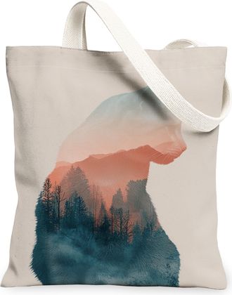 Generic Artistic Bear Canvas Tote Bags, Vintage Forest Pattern Reusable Grocery Bags, Lightweight Washable Canvas for Travel Outdoor, Beige, 13x15 Inch