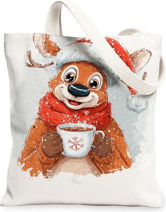 Generic Christmas Reindeer Canvas Tote Bags, Cute Animal Design Reusable Grocery Bags, Winter Fun Lightweight Washable Canvas for T, White, 13x15 Inch