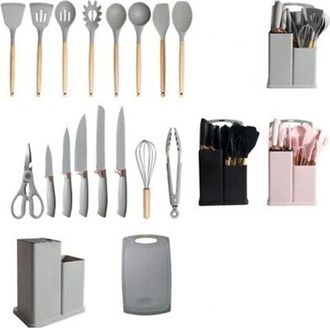 Trade Shop Trade Shop - Conjunto De Herramientas De Cuchillo De Cocina De Chefs De Silicona De 19 Piezas Con Mango De Madera