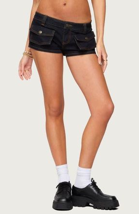 Edikted Cavella Low Rise Denim Cargo Shorts in Blue-Washed at Nordstrom, Size X-Small