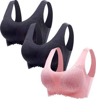 Generic 3 Pack Sports Bras for Women UK Wireless Padded Push Up Underwear Floral Lace Wide Straps Ladies Everyday Bra Comfortable and Soft Bralette Yoga Gym A