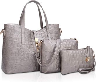 Nicole & Doris NICOLE&DORIS Womens handbag set Purse Handbags 3 Pcs Tote handbag+Crossbody Bags + wristlet,crocodile bag women Gray