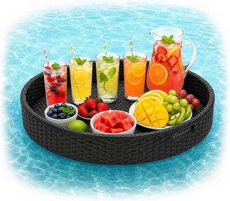Relaxdays Relaxdays Bandeja Flotante 2 En 1 Para Piscina, Bebidas Y Aperitivos, 20x80cm, Rat&aacute;n, Insumergible, Color Negro